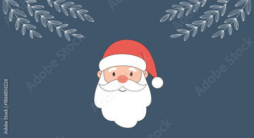 Cute cartoon illustration of Santa Claus's face with a red hat, framed by delicate white winter branches on a dark blue background.
