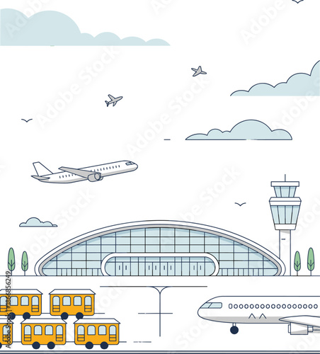 Vector Line Art Illustration of an Airport Terminal with Control Tower Airplanes Taking Off and Ground Transport Vehicles