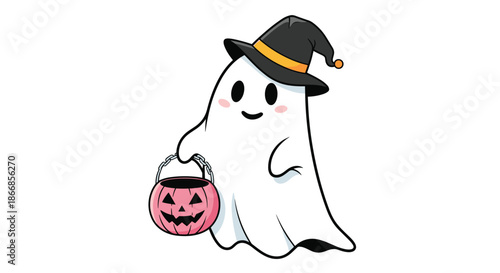 Adorable cartoon ghost wearing a witch hat and carrying a pink jack-o'-lantern candy bucket for trick-or-treating on Halloween.