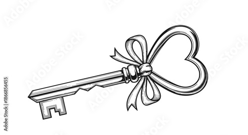 Vintage-style sketch of an ornate skeleton key with a heart-shaped top, tied with a delicate ribbon bow in black and white.