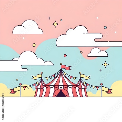 Circus Tent with Colorful Pastel Sky with Clouds, Cute Style Decoration
