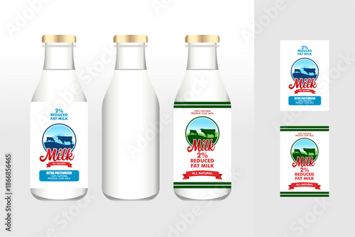 milk label sticker design template vector with bottles 3d design
