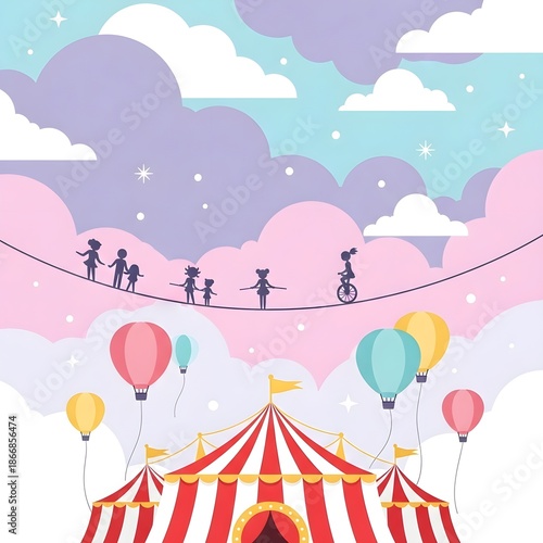 Circus Tent and Balloons with Dreamy Pastel Sky, Cute Flat Style 