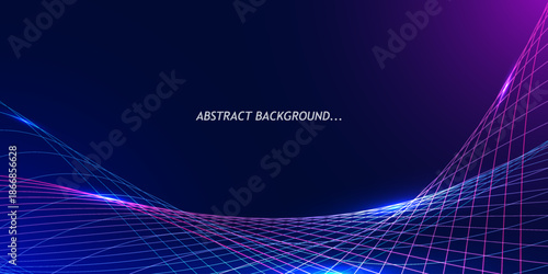 Abstract wave background featuring glowing blue and purple wavy lines. Design for geometric fiber optic telecoms and signal.
