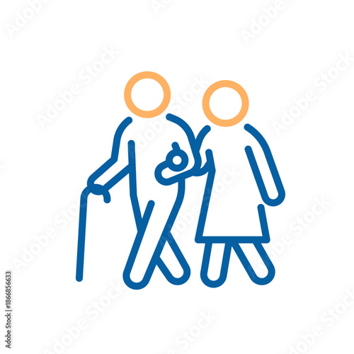 Elderly couple walking, experiencing retirement years. Woman supporting man with a cane, symbolizing care and assistance. Thin line icon editable stroke