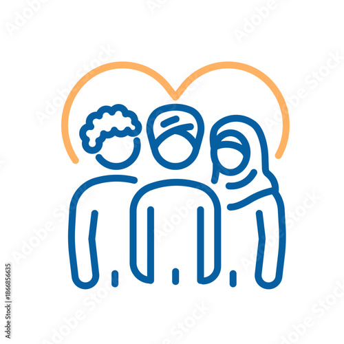 Diverse group standing beneath a heart symbolizing multicultural unity, inclusion, mutual support, equality, and community belonging. Thin line icon editable stroke