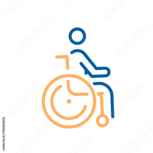 Stylized icon illustrating a disabled person using a wheelchair, representing accessibility, inclusion, and independence. Thin line icon editable stroke