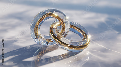 Two intertwined rings, one gold, one clear, symbolizing connection and unity, casting mesmerizing shadows