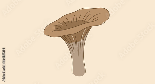 Simple hand-drawn illustration of a wild brown trumpet mushroom on a light beige background, evoking an earthy, natural feeling.