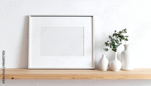 Simple interior decor white frame, vases, and eucalyptus on a wooden shelf against a white wall
