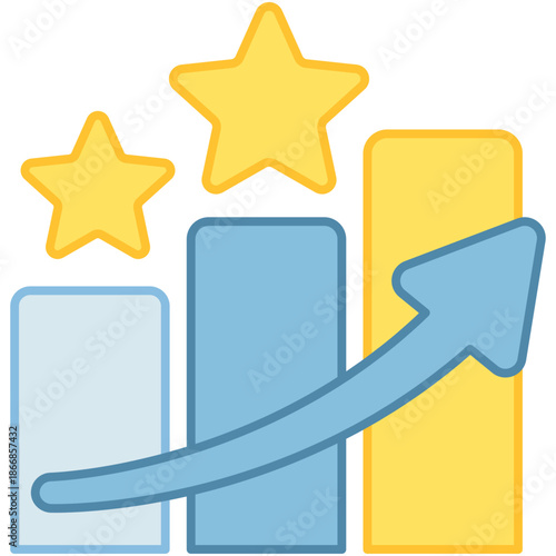 Rising bar charts combined with stars to indicate high ratings and exceptional performance