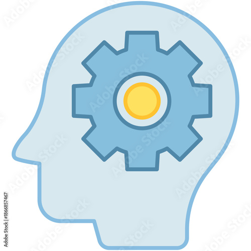 A human head profile with a gear inside symbolizing cognitive processing