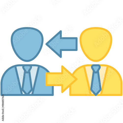 Two professional avatars with exchange arrows symbolizing dialogue or feedback