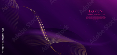 Luxury curve golden lines on dark purple  background with lighting effect copy space for text. Luxury design style.