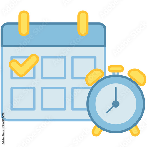 A calendar with a checkmark next to a blue alarm clock representing deadlines
