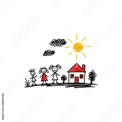 Charming stick figure family with their house under a bright sunny sky, symbolizing home and togetherness