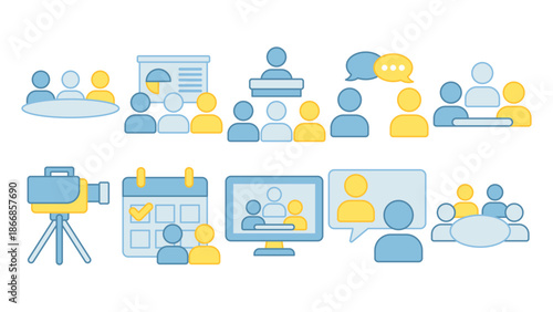 Icons depicting various group discussion scenarios, presentations, and corporate gatherings