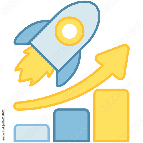 A rocket flying upward over a bar chart symbolizing a rapid startup launch and accelerated business growth