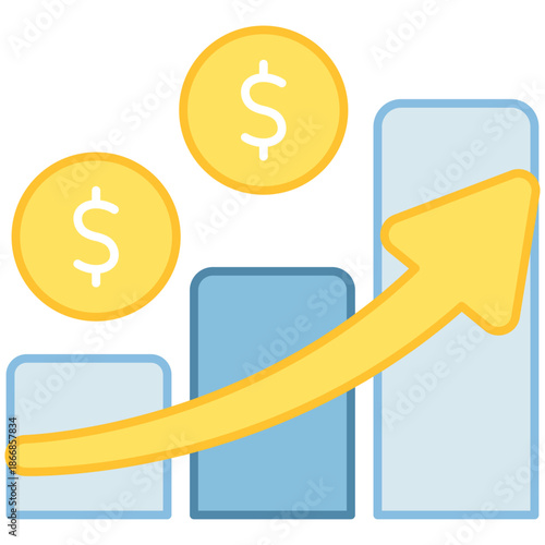 Multiple bar charts and dollar coins with an upward arrow showing diversified revenue streams and financial scaling
