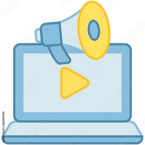 Digital marketing megaphone on top of a laptop screen with a play button symbol for video promotion