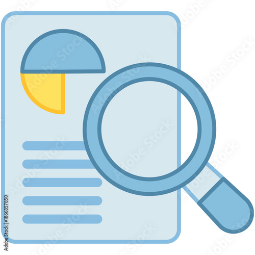 Magnifying glass over a document with a pie chart representing business analytics and report auditing