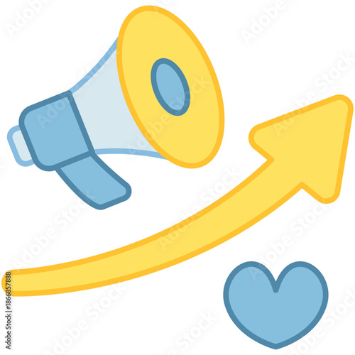 Megaphone with an upward arrow and a heart symbol representing rising brand popularity