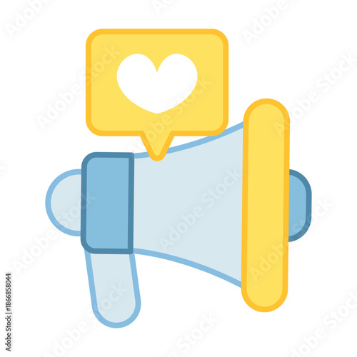 Digital marketing concept featuring a blue megaphone with a yellow heart notification bubble above it for brand promotion