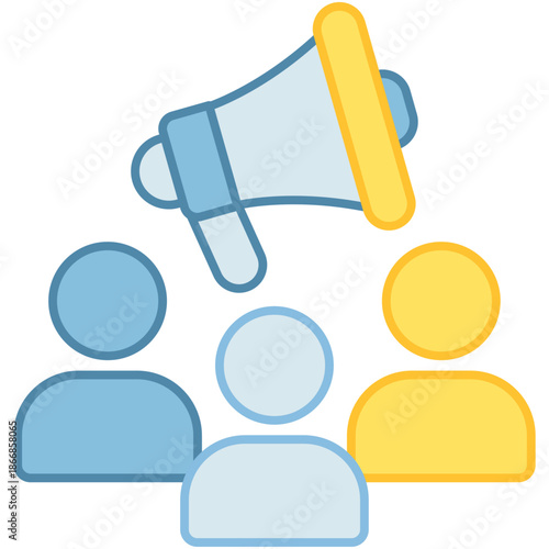 Megaphone icon broadcasting to a group of three people representing community engagement and public relations
