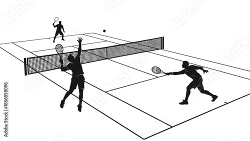 Silhouette of three tennis players in action on a Tenis lapangan with a net, showcasing dynamic movements and athletic play.