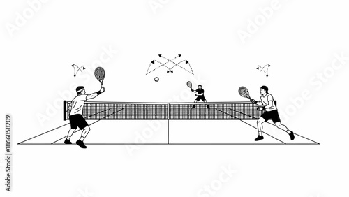 Illustration of people playing tenis lapangan with rackets and balls in motion, depicted in a simple line drawing style against a clean white background.