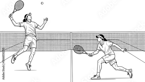 Two female tennis players in action on a tenis lapangan, one jumping to hit a ball with her racket, the other preparing to return serve in a dynamic, black and white illustration with a