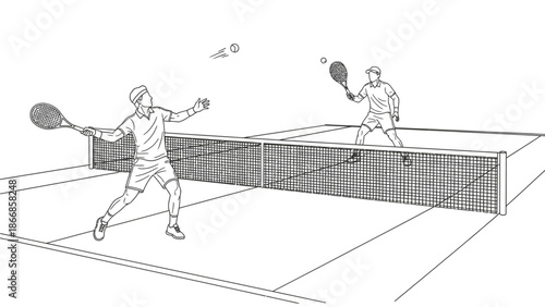 Two male players in action on a tenis lapangan with rackets and a net, in a black and white illustration with a focus on athletic movement and competition.