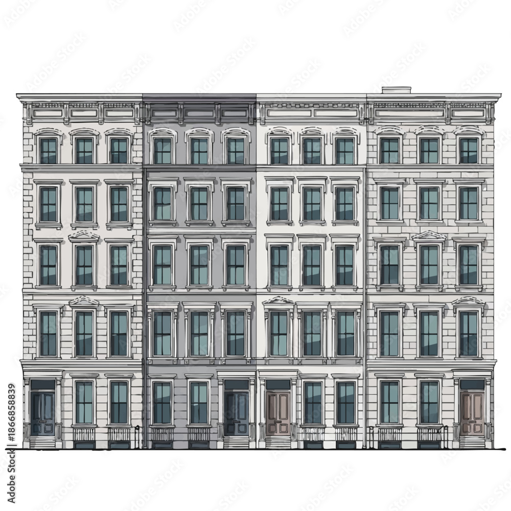 Fototapeta premium Detailed architectural drawing of a multi-story gray stone building with numerous windows and ornate details on a white background, showcasing a classic cartoon-style facade.