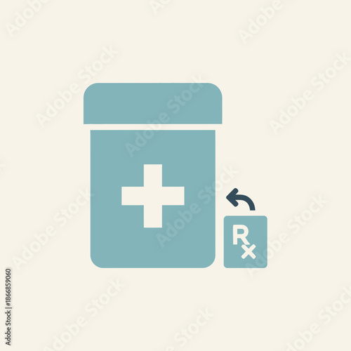 Medical Pill Bottle Icon with Rx Symbol and Arrow, Healthcare Concept