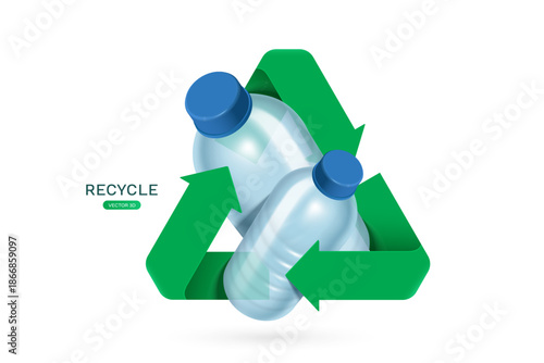 Green recycle logo or icon circle around plastic bottle to promote the Global Recycling Day waste separation campaign, vector 3d illustration isolated on white background for design