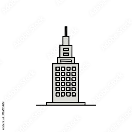 Stylized minimalist illustration of a modern skyscraper building with multiple floors and windows against a white background