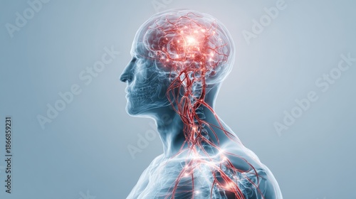 Medical illustration of brain stroke with the affected area highlighted in red colour. Neural connections in human brain. Healthcare and therapy concept