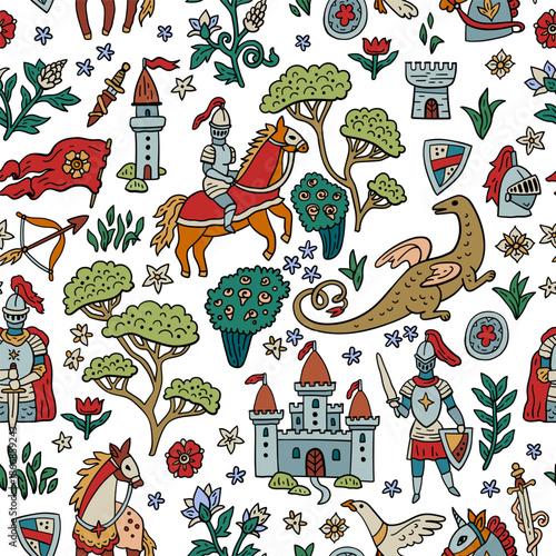 Seamless medieval vector pattern with knights, horses and castles. Dragon and rider. Hand-drawn like an ancient tapestry. For textile and paper design.