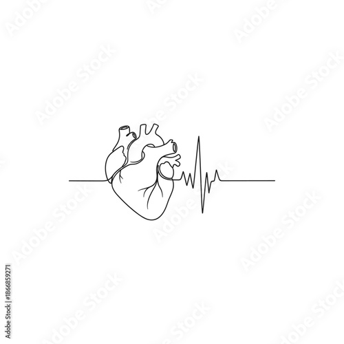 Minimalist continuous line art illustration of a human heart connected to a dynamic ECG waveform, symbolizing life, health, and a strong pulse