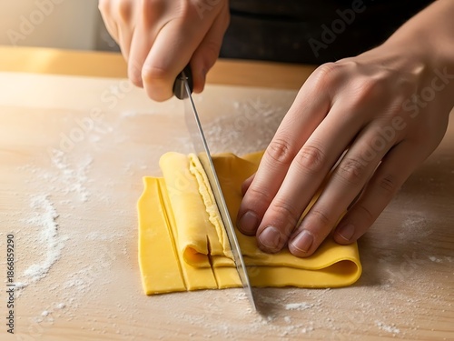 Precise slicing of fresh egg pasta sheet for culinary creation at home