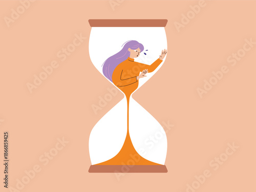 A woman trapped inside an hourglass as the sand slips away, minimalist illustration symbolizing time pressure, deadlines, and the feeling of being rushed