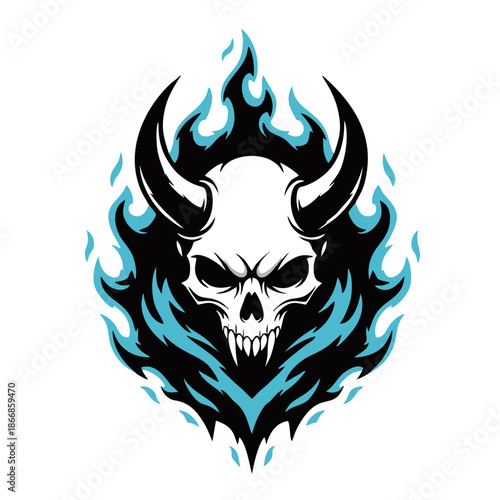 A stylized horned skull with sharp teeth and glowing blue flames.