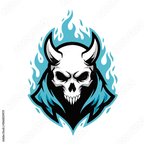 A menacing skull with sharp horns engulfed in vibrant blue flames, representing a demonic or hellish entity.