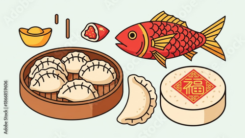 A colorful vector illustration of traditional Chinese food and symbols for good fortune