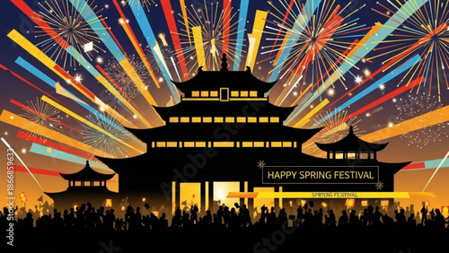 A vibrant vector illustration of a pagoda with fireworks and a crowd celebrating the Spring Festival