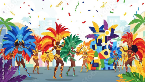 A vibrant illustration of people dancing in colorful costumes and feathers at a festive celebration