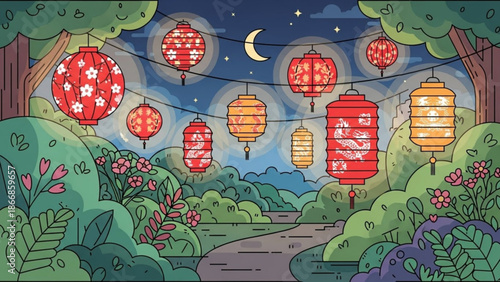 A serene and vibrant vector illustration of a pathway lined with colorful lanterns under a starry night sky