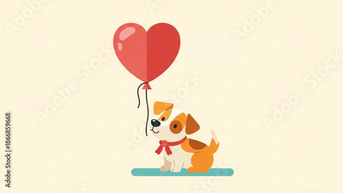 A cute cartoon dog holding a heart-shaped balloon in a minimalist vector illustration