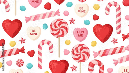A colorful vector illustration of Valentine's Day candies and symbols on a white background