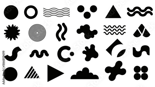 Abstract Black Shapes and Forms on White Background, Minimalist Design Elements